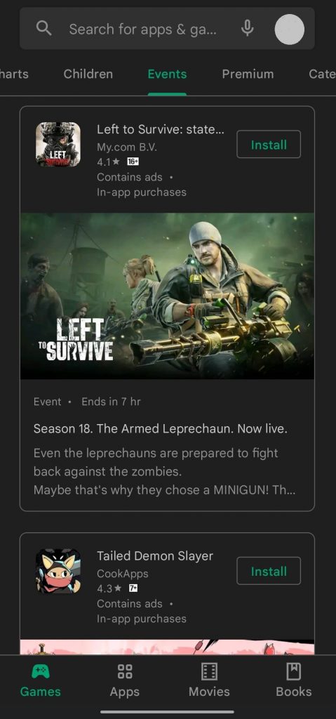 Play Store on PC - Events Section
